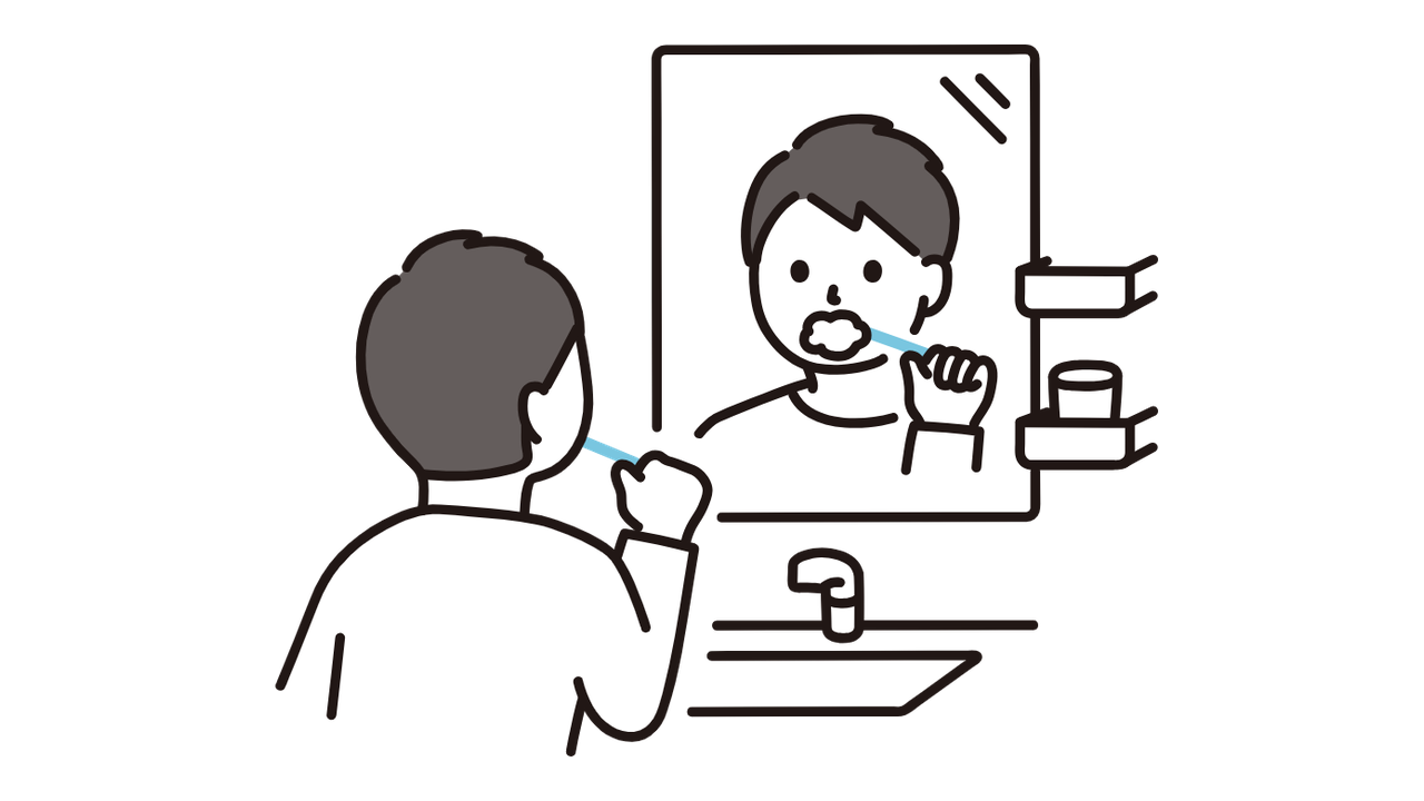 鏡の前で歯磨きをする男性のイラスト